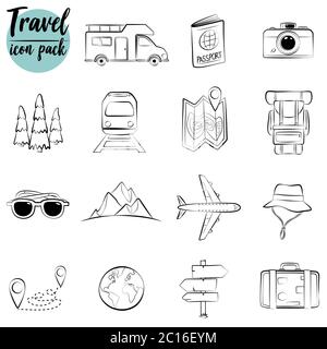 Jeu d'icônes de voyage de style dessiné à la main.icônes de ligne. Illustration de Vecteur