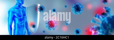 Système immunitaire, protection contre les virus et les bactérias. Les humains se protègent contre le coronavirus. La défense immunitaire lutte contre les virus. Covid-19. Banque D'Images