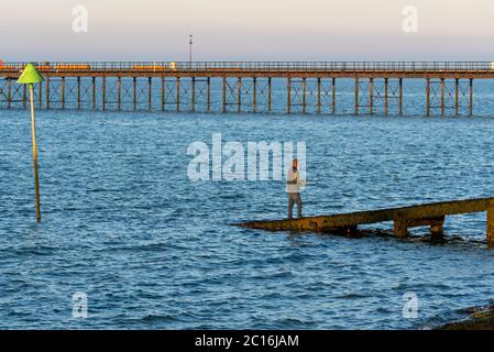 Pêche à la ligne près de Southend Pier sur l'estuaire de la Tamise à Southend on Sea, Essex, Royaume-Uni. Tamise. Plage d'eau salée, pêche tôt le matin Banque D'Images