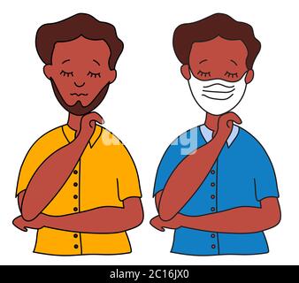 Un homme avec une barbe dans un masque médical d'origine ethnique. Et un homme sans masque sur son visage avec ses yeux fermés dans une chemise lumineuse avec une peau sombre Illustration de Vecteur