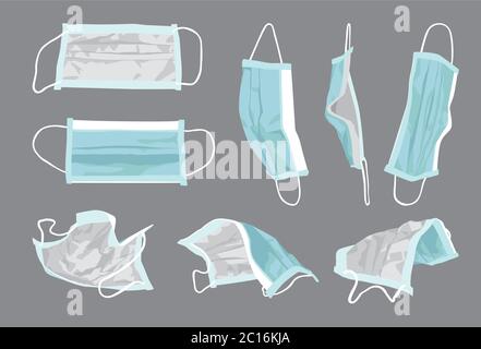 Illustration vectorielle tirée à la main de masques chirurgicaux usés et utilisés, qui fournit une certaine protection contre la propagation de maladies et de virus. Illustration de Vecteur