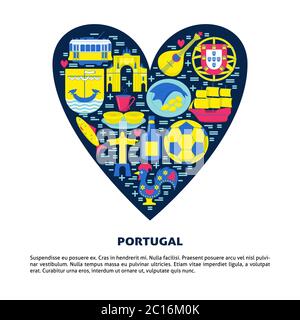 Portugal concept avec icônes dans le style plat. Symboles traditionnels avec culture nationale, cuisine et attractions. Modèle de bannière ou d'affiche avec plac Illustration de Vecteur