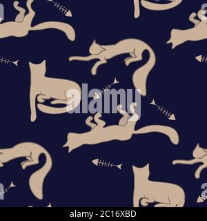 Doodle motif sans couture chats et squelettes de poisson Illustration de Vecteur