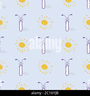 Vélo à pneus épais Sunny Day sur fond bleu avec éclat de soleil jaune. Motif vectoriel de répétition sans couture Illustration de Vecteur