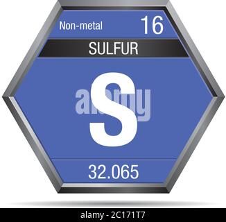 Symbole de soufre sous forme d'hexagone avec cadre métallique. Élément numéro 16 du tableau périodique des éléments - Chimie Illustration de Vecteur