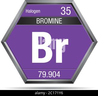 Symbole brome sous forme d'hexagone avec cadre métallique. Élément numéro 35 du tableau périodique des éléments - Chimie Illustration de Vecteur