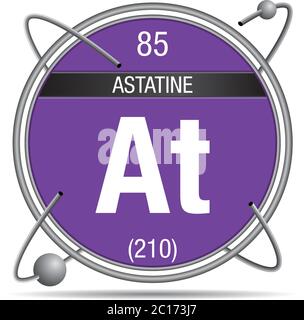 L'astatine est symbolisée à l'intérieur d'un anneau métallique avec un fond coloré et des sphères en orbite autour. Numéro d'élément 85 du tableau périodique des éléments Illustration de Vecteur