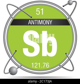 Symbole antimoine à l'intérieur d'un anneau métallique avec fond coloré et sphères en orbite. Numéro d'élément 51 du tableau périodique des éléments Illustration de Vecteur