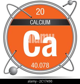 Symbole de calcium à l'intérieur d'un anneau métallique avec fond coloré et sphères en orbite autour. Numéro d'élément 20 du tableau périodique des éléments Illustration de Vecteur