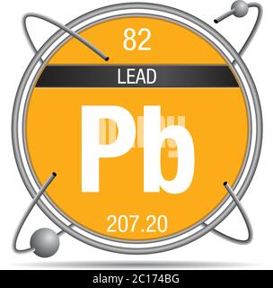 Symbole de plomb à l'intérieur d'un anneau métallique avec fond coloré et sphères en orbite. Numéro d'élément 82 du tableau périodique des éléments Illustration de Vecteur