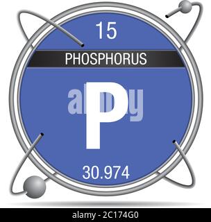 Symbole de phosphore à l'intérieur d'un anneau métallique avec fond coloré et sphères en orbite autour. Numéro d'élément 15 du tableau périodique des éléments Illustration de Vecteur