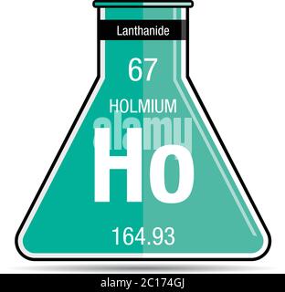 Symbole holmium sur le flacon de produit chimique. Élément numéro 67 du tableau périodique des éléments - Chimie Illustration de Vecteur