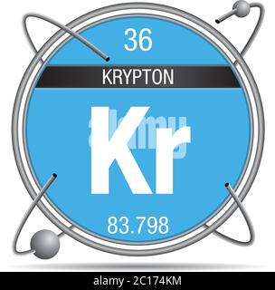 Symbole krypton à l'intérieur d'un anneau métallique avec fond coloré et sphères en orbite. Numéro d'élément 36 du tableau périodique des éléments Illustration de Vecteur