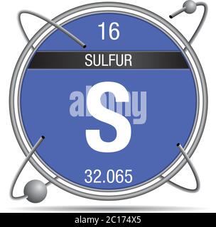 Symbole de soufre à l'intérieur d'un anneau métallique avec fond coloré et sphères en orbite autour. Numéro d'élément 16 du tableau périodique des éléments Illustration de Vecteur