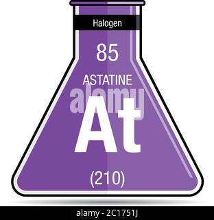 Symbole d'astatine sur la fiole chimique. Élément numéro 85 du tableau périodique des éléments - Chimie Illustration de Vecteur
