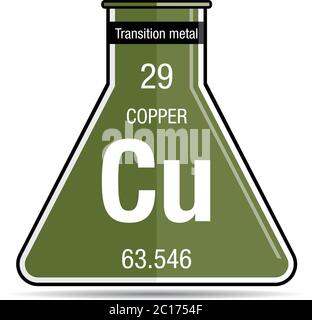 Symbole de cuivre sur flacon de produit chimique. Élément numéro 29 du tableau périodique des éléments - Chimie Illustration de Vecteur