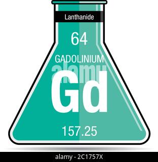 Symbole de gadolinium sur flacon de produit chimique. Élément numéro 64 du tableau périodique des éléments - Chimie Illustration de Vecteur