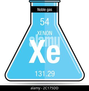 Symbole xénon sur flacon de produit chimique. Élément numéro 54 du tableau périodique des éléments - Chimie Illustration de Vecteur
