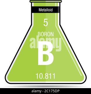 Symbole de bore sur flacon de produit chimique. Élément numéro 5 du tableau périodique des éléments - Chimie Illustration de Vecteur