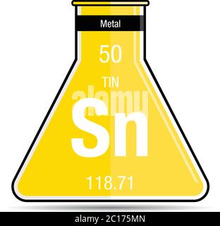 Symbole d'étain sur le flacon de produit chimique. Élément numéro 50 du tableau périodique des éléments - Chimie Illustration de Vecteur