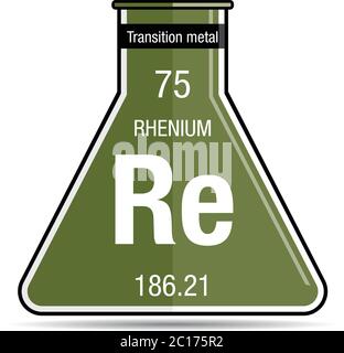 Symbole rhénium sur flacon de produit chimique. Élément numéro 75 du tableau périodique des éléments - Chimie Illustration de Vecteur