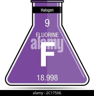 Symbole de fluor sur le flacon de produit chimique. Élément numéro 9 du tableau périodique des éléments - Chimie Illustration de Vecteur