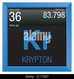 Symbole krypton. Élément numéro 36 du tableau périodique des éléments - Chimie - cadre carré bleu avec fond noir Illustration de Vecteur