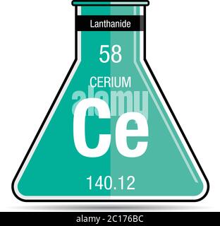 Symbole de cérium sur la fiole chimique. Élément numéro 58 du tableau périodique des éléments - Chimie Illustration de Vecteur