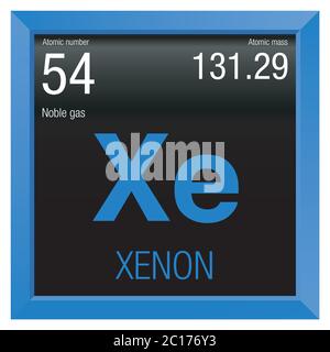 Symbole xénon. Élément numéro 54 du tableau périodique des éléments - Chimie - cadre carré bleu avec fond noir Illustration de Vecteur