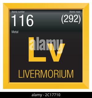 Symbole Livermorium. Élément numéro 116 du tableau périodique des éléments - Chimie - cadre carré jaune avec fond noir Illustration de Vecteur