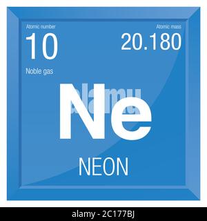 Symbole néon. Élément numéro 10 du tableau périodique des éléments - Chimie - cadre carré avec fond bleu Illustration de Vecteur