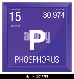 Symbole de phosphore. Élément numéro 15 du tableau périodique des éléments - Chimie - cadre carré avec fond violet Illustration de Vecteur