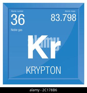 Symbole krypton. Élément numéro 36 du tableau périodique des éléments - Chimie - cadre carré avec fond bleu Illustration de Vecteur