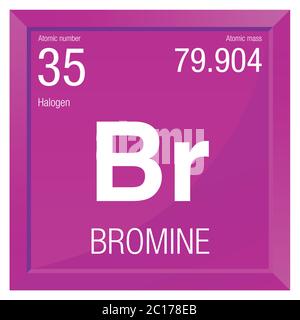 Symbole brome. Élément numéro 35 du tableau périodique des éléments - Chimie - cadre carré avec fond magenta Illustration de Vecteur