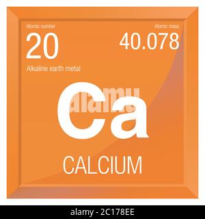 Symbole de calcium. Élément numéro 20 du tableau périodique des éléments - Chimie - cadre carré avec fond orange Illustration de Vecteur