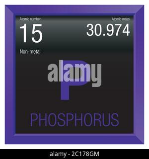 Symbole de phosphore. Élément numéro 15 du tableau périodique des éléments - Chimie - cadre carré violet avec fond noir Illustration de Vecteur