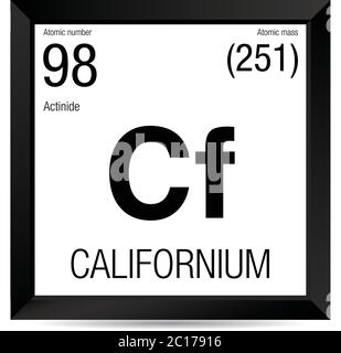 Symbole de californium. Élément numéro 98 du tableau périodique des éléments - Chimie - cadre carré noir avec fond blanc Illustration de Vecteur