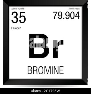 Symbole brome. Élément numéro 35 du tableau périodique des éléments - Chimie - cadre carré noir avec fond blanc Illustration de Vecteur