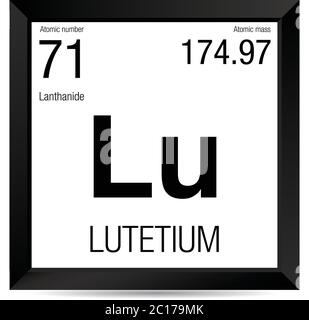 Symbole lutétium. Élément numéro 71 du tableau périodique des éléments - Chimie - cadre carré noir avec fond blanc Illustration de Vecteur