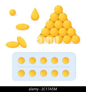 Fish Oil Softgels, capsules, pilules, comprimés, blister.Gold Glyre acis Drop.pharmacie, medcine, santé, vitamine, concept nutritionnel.vecteur de stock Illustration de Vecteur