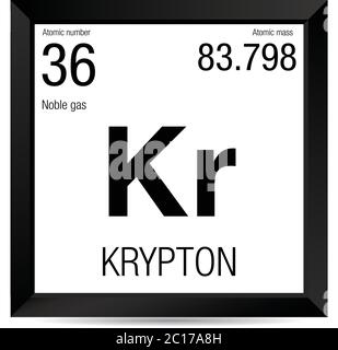 Symbole krypton. Élément numéro 36 du tableau périodique des éléments - Chimie - cadre carré noir avec fond blanc Illustration de Vecteur