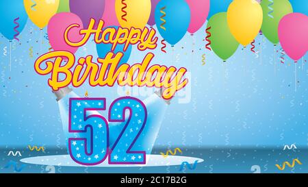 Carte de vœux de joyeux anniversaire 52. Bougie allumée sous la forme d'un nombre éclairé par deux réflecteurs dans une pièce avec des ballons flottant avec des banderoles Illustration de Vecteur