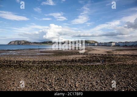 Llandudno rive nord à marée basse montrant l'estran rocheux et la plage, promenade et hôtels avec la petite pointe d'Orme en arrière-plan Banque D'Images