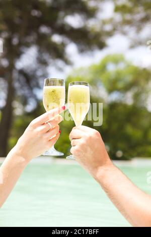 Hommes et femmes qui font du pain grillé avec du champagne Banque D'Images