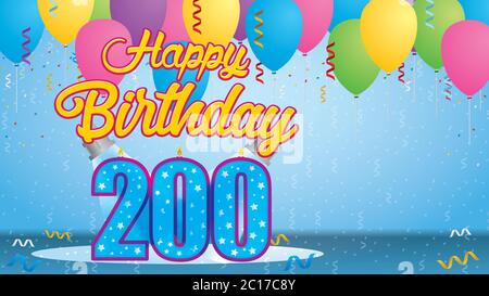 Carte de vœux de joyeux anniversaire 200. Bougie allumée sous la forme d'un nombre éclairé par deux réflecteurs dans une pièce avec des ballons flottant avec des banderoles Illustration de Vecteur