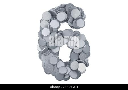 Numéro 6 des cellules de bouton, rendu 3D isolé sur fond blanc Banque D'Images