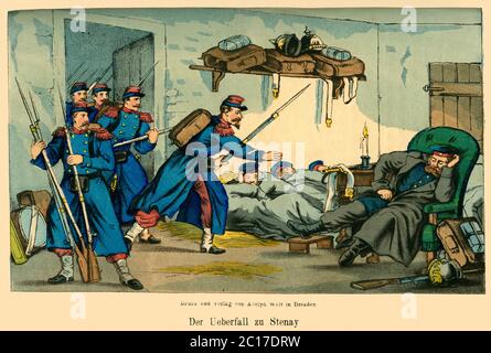 Europa, Deutschland, Frankreich, Stenay, Deutsch-Französischer Krieg , 1870-1871, Originaltext : Der Überfall zu Stenay , Motiv aus dem Buch : Die Kriegs-Chronik von 1870-1871 ' von Franz Lubojatzky , Druck und Verlag von Adolph Wolf, Dresde, 1874 ? . / Europe, Allemagne, France, Stenay , guerre franco-prussienne , 1870-1871 , texte original ' l'attaque de Stenay ' , image du livre : ' Die Kriegs-Chronik von 1870-1871 ' ( chronique de la guerre ) , par Franz Lubojatzky, maison d'édition Adolph Wolf, Dresde, 1874 ? . Banque D'Images