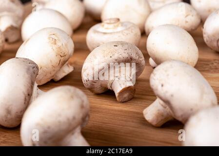 Sélection de champignons frais sur fond de bois. Style rustique. Banque D'Images