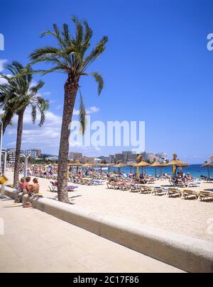 Vue sur la plage et la station balnéaire, Magaluf, municipalité de Calvià, Majorque (Majorque), Iles Baléares, Espagne Banque D'Images