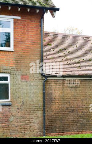 Dégâts d'eau, humidité et taches sur un mur de briques en raison de fuites de gouttières et de tuyaux de drainage endommagés et débordant, Royaume-Uni Banque D'Images